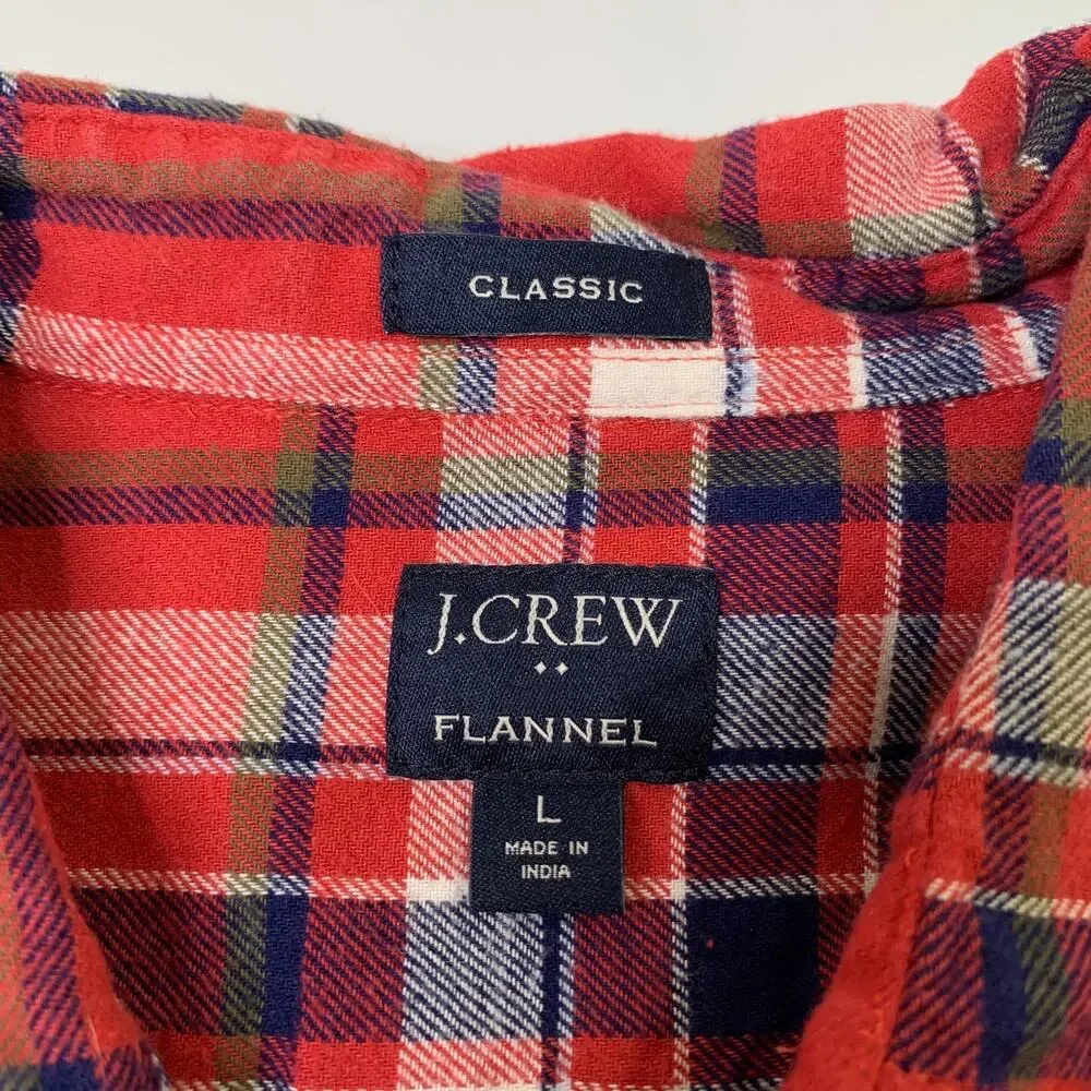 J Crew Shirt Mens L Large Classic Flannel Plaid Curved Shirttail Hem Button Up